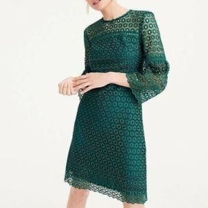 J.Crew Emerald Green Daisy Eyelet Lace 3/4 Bell Sleeve Dress, Sz12T